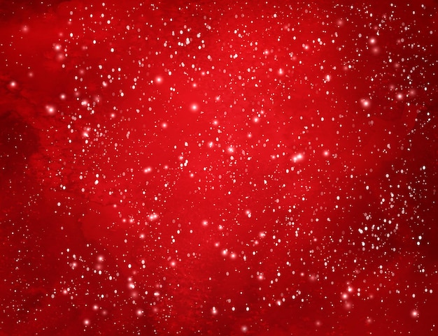 Roter weihnachtsaquarell-grunge-hintergrund mit fallendem schnee und licht funkelt.