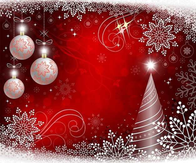 Vektor roter weihnachtshintergrund mit weißen bällen und anmutigen schneeflocken