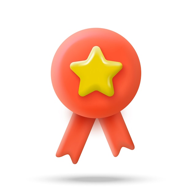 Rotes Abzeichen mit gelbem Stern im 3D-Cartoon-Minimalstil Garantierte Qualität und bestes Produktsymbol
