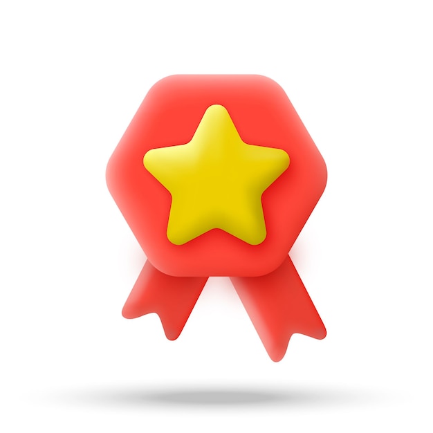 Rotes Abzeichen mit gelbem Stern im 3D-Cartoon-Stil Garantie für Qualität und bestes Produktsymbol