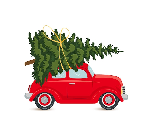 Rotes Auto mit Weihnachtsbaum, Postkarte isoliert auf weißem Hintergrund. Vektor, flache Abbildung.