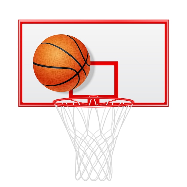 Rotes Basketball-Rückenbrett und Ball. Isoliert.