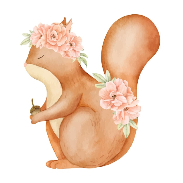 Vektor rotes eichhörnchen mit rosenblumen handgezeichnete aquarell-illustration eines waldtieres für baby-shower-grüßkarten oder kindliche party-einladungen wald-wildtier im niedlichen cartoon-stil für den kindergarten