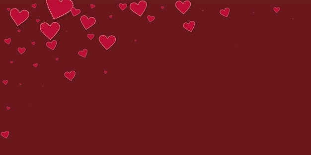 Rotes Herz liebt Konfettis. Valentinstag fallenden Regen exquisiten Hintergrund. Fallende genähte Papierherzen Konfetti auf kastanienbraunem Hintergrund. Emotionale Vektorillustration.