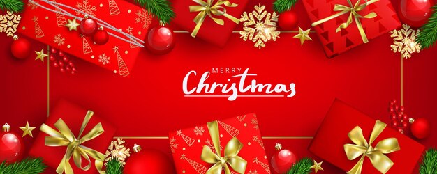 Rotes horizontales Weihnachtsbanner mit Geschenkboxen und goldenen Schneeflocken mit 3D-Effekten