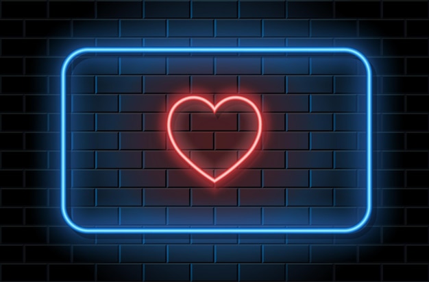 Rotes Neonherz mit blauem Rahmen zum Valentinstag auf schwarzem Brickwall-Hintergrund. Neon-Logo