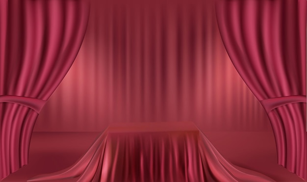 Rotes realistisches Podium mit rotem Vorhang, Produktpräsentation, Präsentation, Werbung