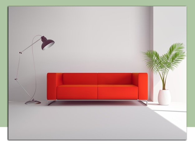 Rotes sofa mit lampe und palme