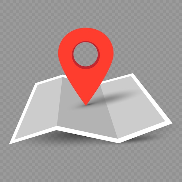Rotes Standortzeichen auf Papierkarte mit sgadow auf dunklem, durchsichtigem Hintergrund Navigations-GPS-Kartographie Ortszeichen-Symbol-Ikonen