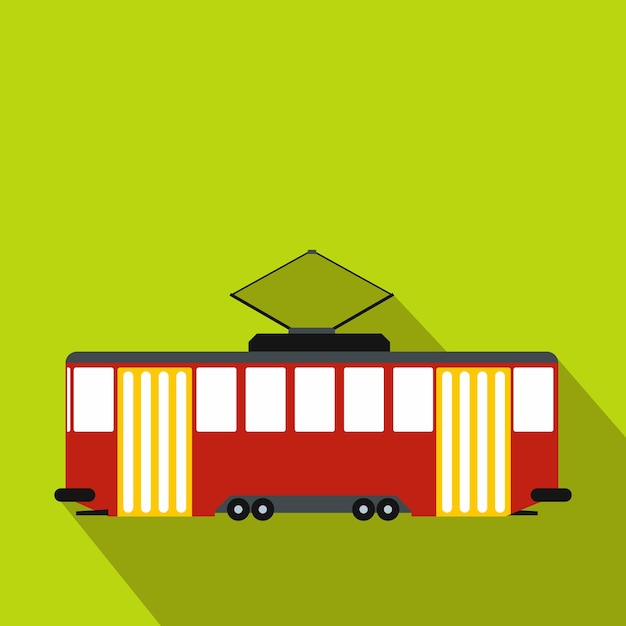 Rotes Straßenbahnsymbol im flachen Stil auf grünem Hintergrund