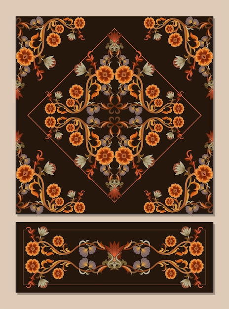 Rotes und gelbes vintages mittelalterliches blumenbatikmotiv für dekorationsschablone