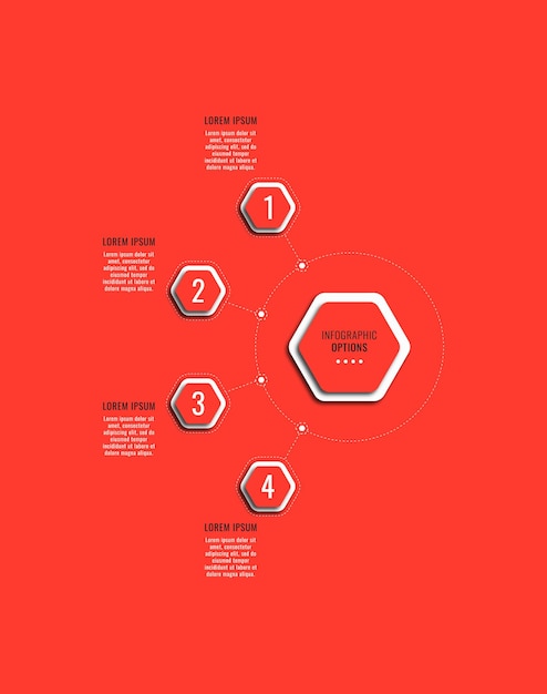 Rotes vertikales infografik-diagramm mit vier sechseckigen elementen mit realistischen schatten- und textfeldern