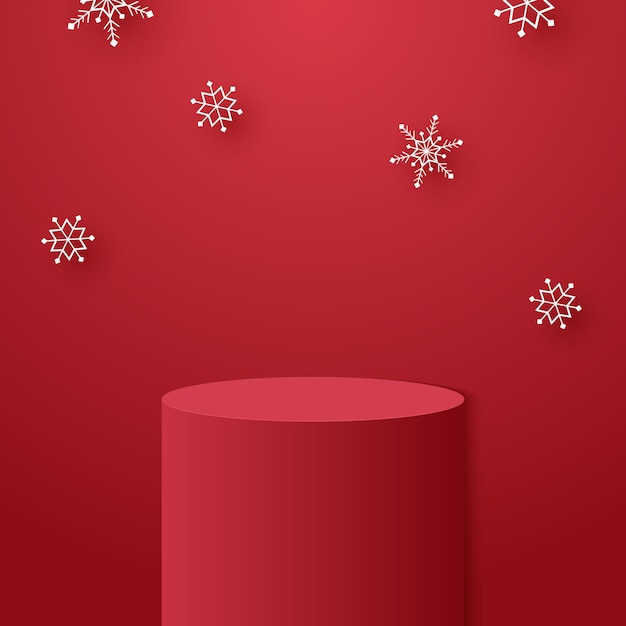 Rotes Zylinderpodest mit fallenden Schneeflocken und Vorlage für Weihnachtsevent