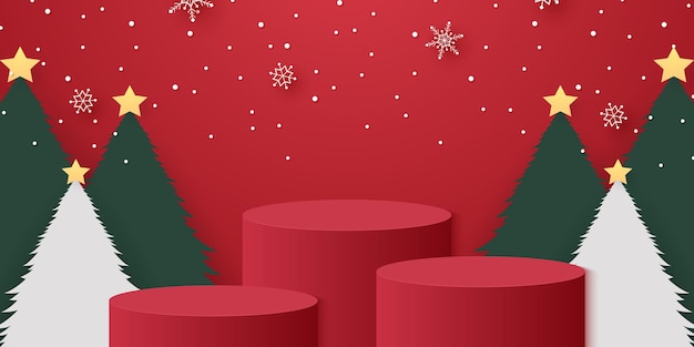 Rotes Zylinderpodest mit Schneeflocken, die auf Weihnachtsbäume fallen und Vorlagenmodell für Veranstaltung