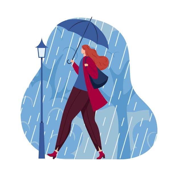 Rothaarige Frau geht mit einem Regenschirm im Regen, Straßenlampe im Hintergrund, städtische Szene, Regentag
