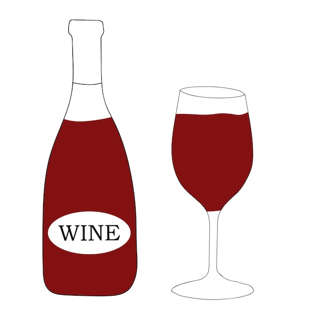 Rotwein in einer flasche mit einem glas daneben doodle-vektor-illustration