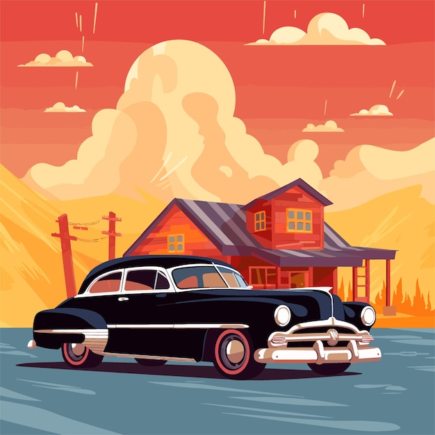 Route 66 Retro-Auto geparkt unter einem feurigen Himmel im 4-Bit-Stil