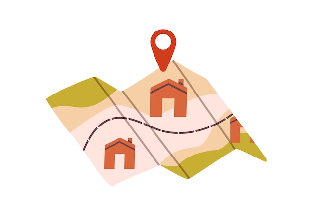 Route und Orte mit Stecknadel auf Papierstadtplan markiert. GPS-Navigator mit Zeiger auf Zielort und Weg. Navigationskonzept. Flache Vektorillustration lokalisiert auf weißem Hintergrund
