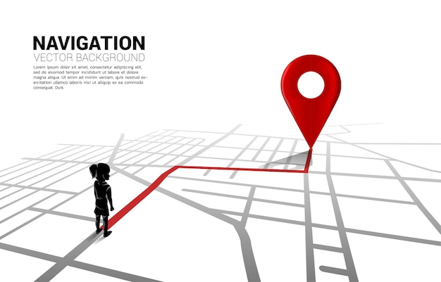 Route zwischen 3d-standort-pin-markierungen und mädchen auf der stadtstraßenkarte. abbildung für infografik des gps-navigationssystems.