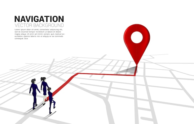 Route zwischen 3D-Standortmarkierungen und Geschäftsmann auf der Straßenkarte der Stadt Konzept für GPS-Navigationssystem Infografik