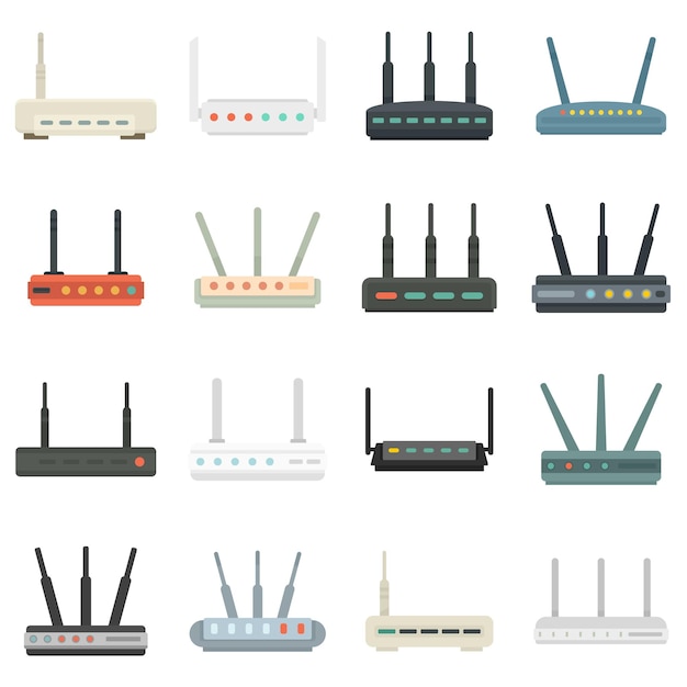 Router-Symbole eingestellt. Flache Reihe von Router-Vektor-Icons isoliert auf weißem Hintergrund