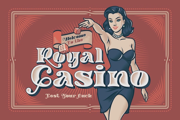 Vektor royal casino-poster mit eleganter frau, die ein abendkleid trägt und würfelwürfel wirft