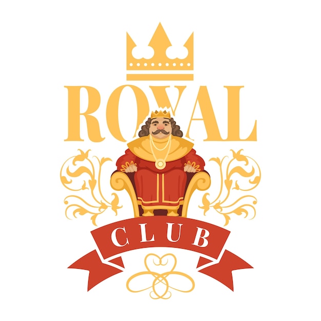 Vektor royal club-label luxus-abzeichen vorlage mit cartoon-könig auf dem thron sitzend vektor-etiketten von königlichem luxus mit krone premium goldene etikettillustration