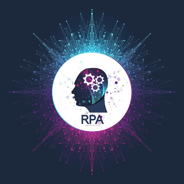 Rpa robotische prozessautomatisierung. futuristisches banner-vorlagenkonzept rpa. innovationstechnologie. künstliche intelligenz. rpa-vektorillustration