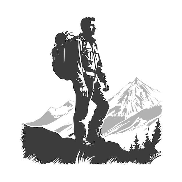 Vektor rucksacktourist, mann, wanderer, stehend, draußen, bergskizze, zeichnung, vintage-t-shirt-druck, vektorillustration, generative ai-reise, männlicher gewinner, naturerkundung, entdeckung, camping, 90er-jahre-stil, isoliert