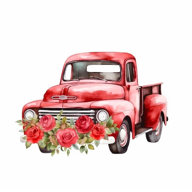 Vektor rückseite eines mit rosen gefüllten pickup-trucks, aquarell gemalter vektor