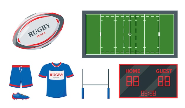 Rugby-ausrüstungsset ball gate kleidung anzeigetafel und platz für sportmatch