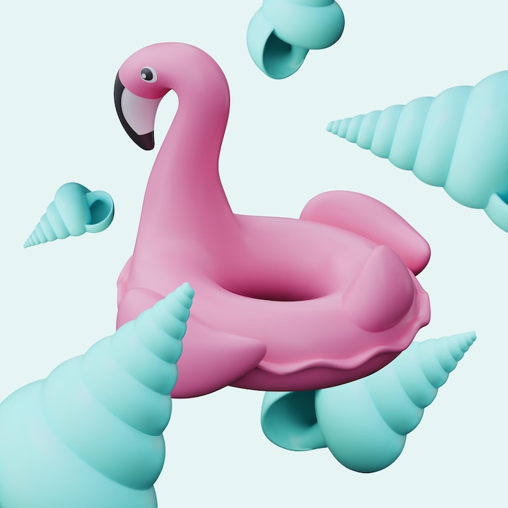 Vektor ruhe an der küste farbposter im 3d-stil für resortgeschäfte aufblasbares flamingo-ring