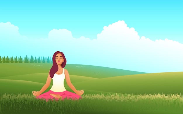 Ruhige Harmonie-Illustration mit einer schönen Frau, die inmitten einer weiten und ruhigen Wiese Yoga macht. Szene, die die Essenz des inneren Friedens, des Wohlbefindens und der Verbindung mit der Natur einfängt