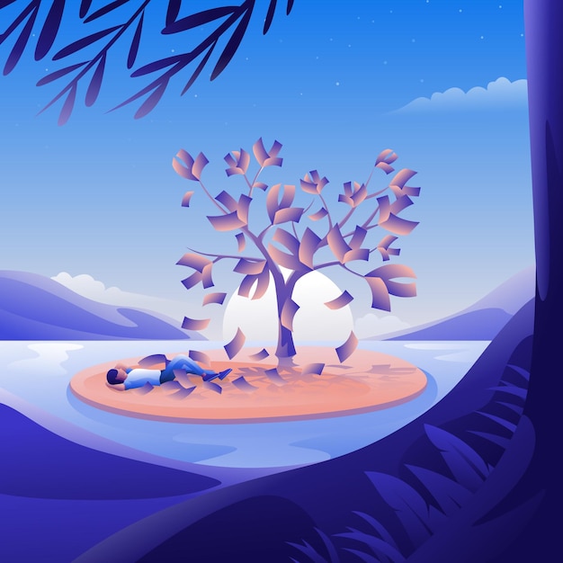 Ruhige Naturlandschaft mit Mädchen unter Baum, See, Insel. Friedliche und entspannende Cartoon-Illustration.