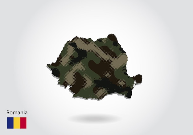 Rumänien-karte mit tarnmuster waldgrüne textur in der karte militärisches konzept für armeesoldaten und kriegswappen flagge