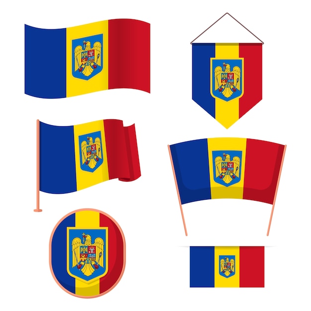 Vektor rumänische flagge des flachen designs und sammlung der nationalen embleme