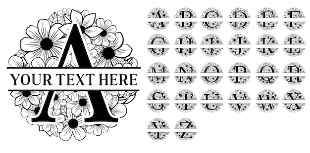 Vektor runde blumen split monogramm buchstabe svg blumen-split alphabet blumen-split schriftart vektordesign