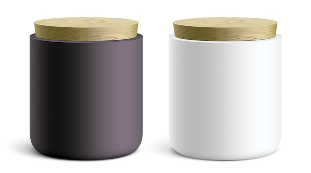 Runde Keramikbehälter im modernen Stil mit Holzdeckel. Vektorillustration von weißen und schwarzen Kanistern, die auf einem weißen Hintergrund stehen.