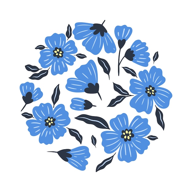 Runde Komposition mit blauen Blumen isoliert auf weißem Hintergrund Vektorgrafiken