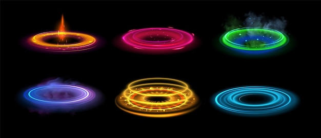 Runde Lichtfackeln Leuchtende Ringe Energiefluss-Tunnel glänzende Neonfarbe runde magische Rahmen Lichtkreise Licht-Effekt mit Funken und Rauch Futuristische Portale Vektor-Set
