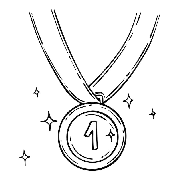 Vektor runde medaille am band für den gewinn des ersten platzes doodle linear