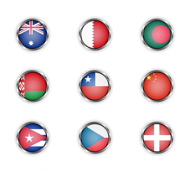 Vektor runde runde stahlknöpfe mit länderflaggen aus australien, bahrain, bangladesch, weißrussland, chile, china, kuba, der tschechischen republik und dänemark