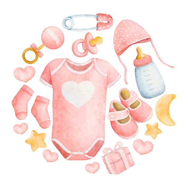 Runde Zusammensetzung von Zubehör für neugeborene Mädchen Aquarell-Design-Vektor