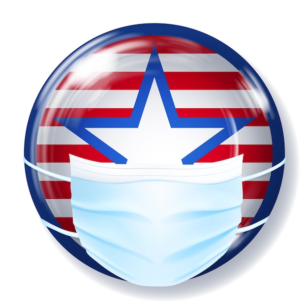 Runder glasknopf in den farben der usa-flagge mit einer medizinischen einwegmaske zum schutz des coronavirus