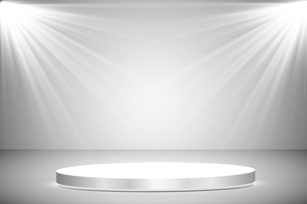 Runder Podiumssockel oder Podest beleuchtet von Scheinwerfern auf grauem Hintergrund Bühne mit szenischem Lig