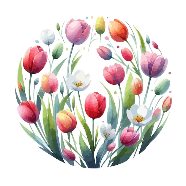 Vektor rundes etikett mit aquarell-frühlingstulpen zum frauentag ostern, 8. märz