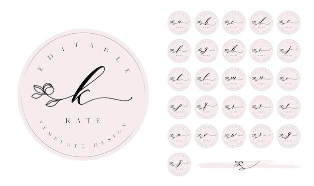 Vektor rundes, feminines, vorgefertigtes logo-design-set mit kalligraphie-blumen-swash