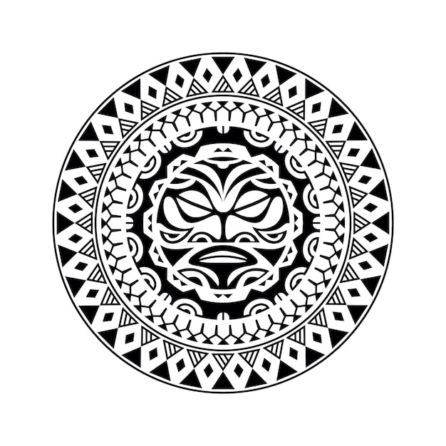 Vektor rundes tattoo-ornament mit sonnengesicht maori-stil afrikanische azteken oder maya-ethnische maske