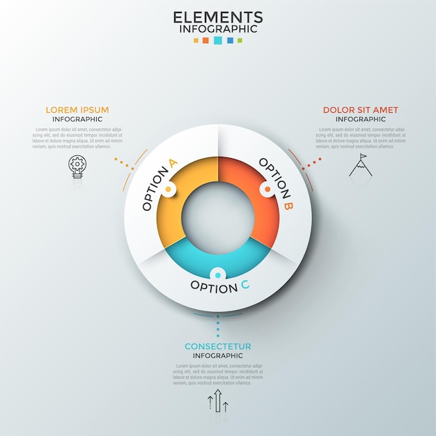 Rundes weißes papierdiagramm, unterteilt in 3 bunte sektoren, lineare symbole und textfelder. konzept von drei wahlmöglichkeiten. saubere infografik-design-vorlage. zur präsentation.