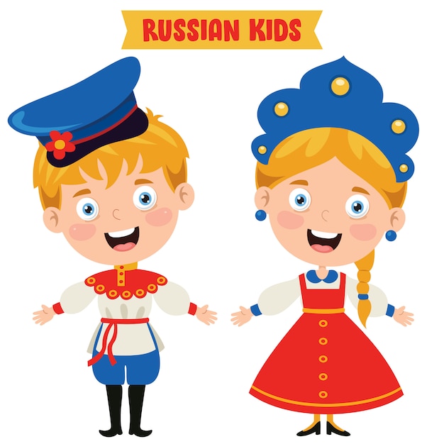 Russische kinder, die traditionelle kleidung tragen